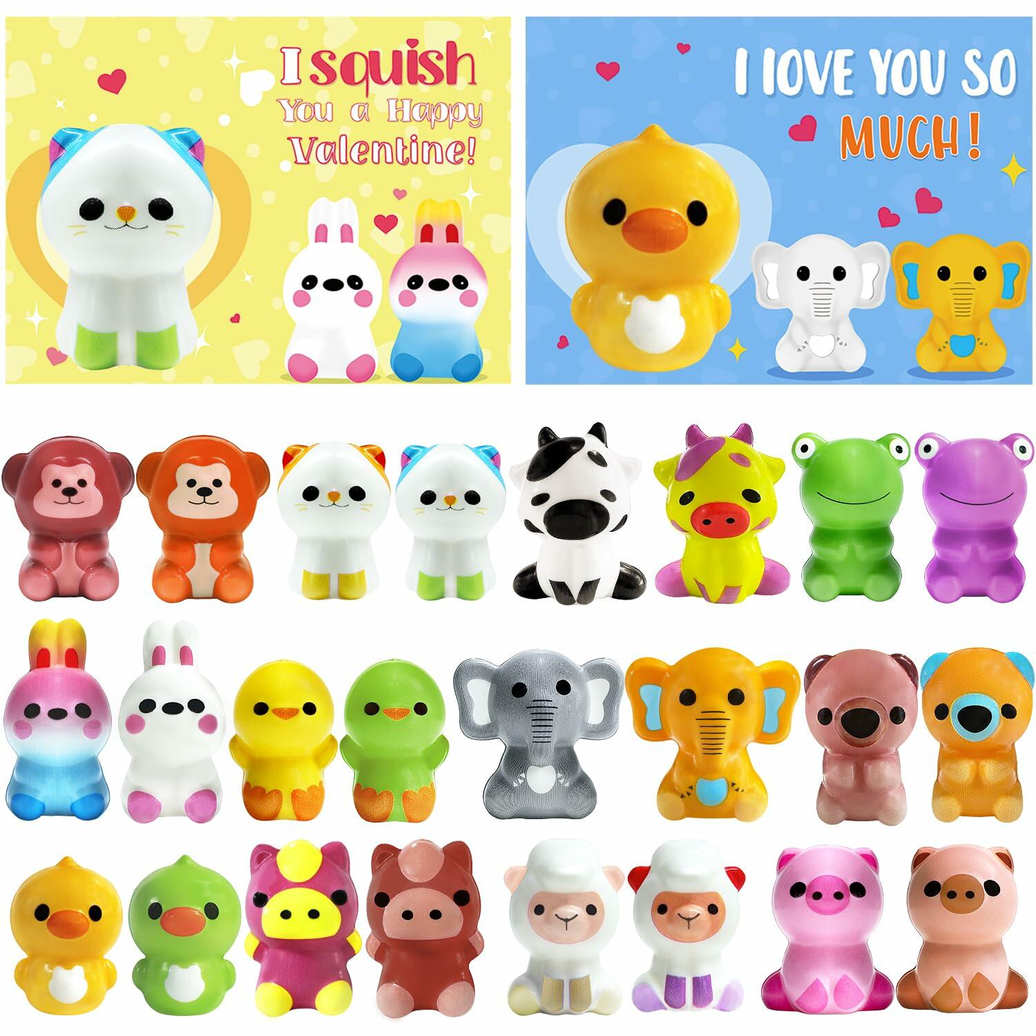 BOMLY 24 Pack Valentines Day Animal Squishy Toys Cards for Kids Classroom