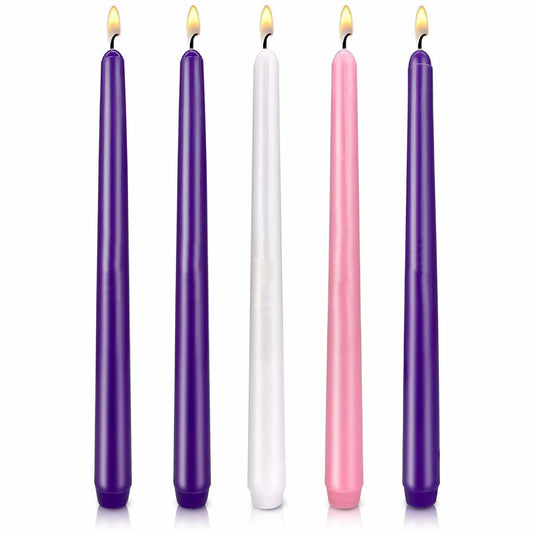 Decorative Taper Candles 10in Pack of 5 Purple Pink White Dripless Unscented