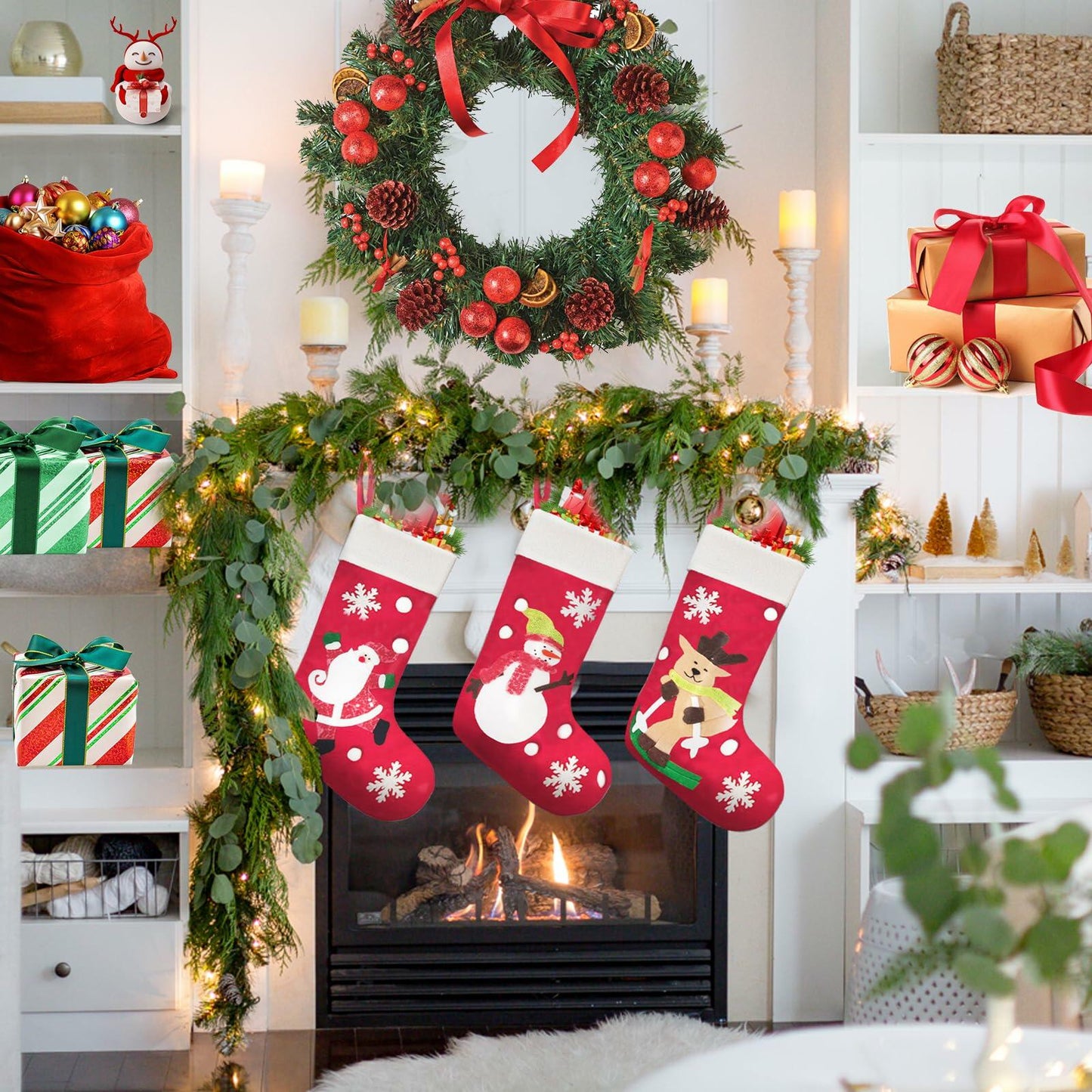 CMEECNE 3Pack Christmas Stockings Santa Snowman Reindeer Pattern Holiday Decor