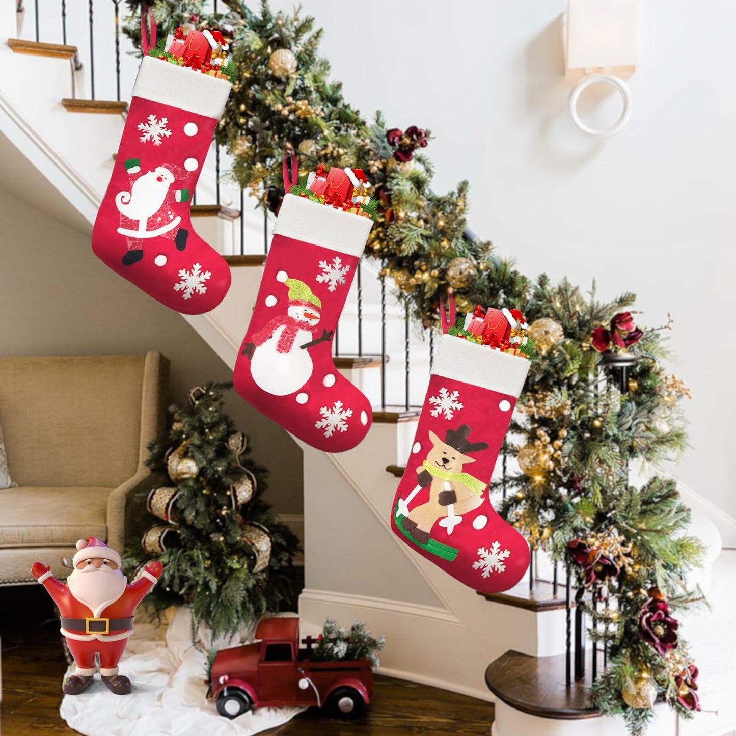 CMEECNE 3Pack Christmas Stockings Santa Snowman Reindeer Pattern Holiday Decor