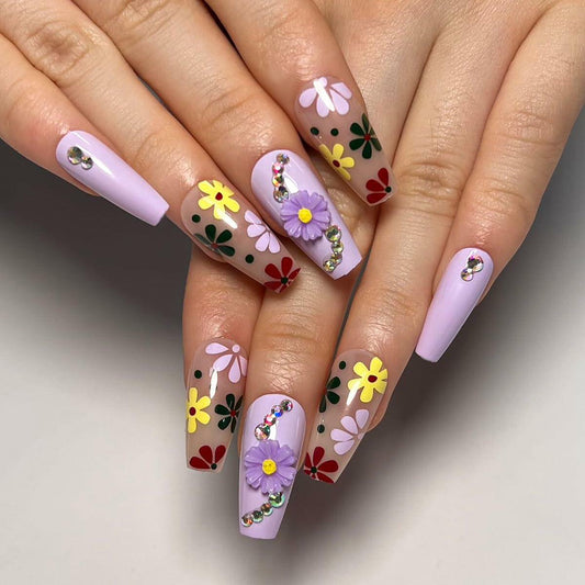 LPOODDNU Press On Nails Medium Coffin Glossy Purple 24Pcs Spring Daisy