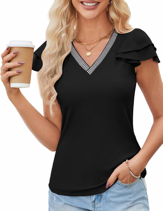 Womens Ruffle Sleeve V Neck Fitted Blouse Top Black Size 2XL