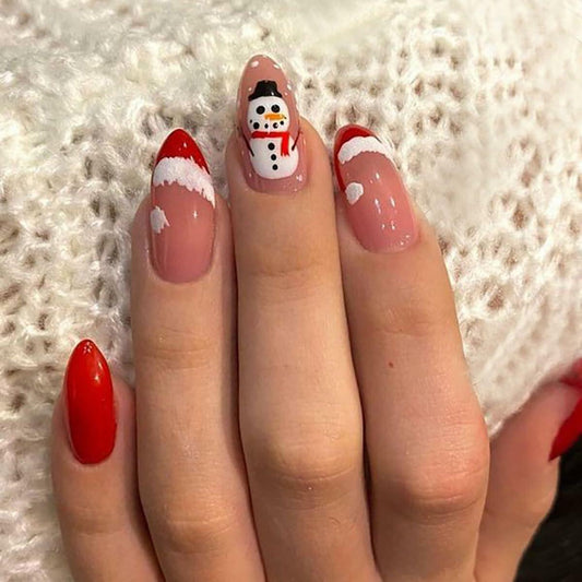 24 Pcs Red French Tip Press On Nails Medium Almond Acrylic Christmas Design