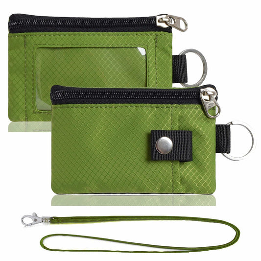 Minimalist Wallet RFID Blocking Keychain Lanyard Zipper ID Case Olive Green