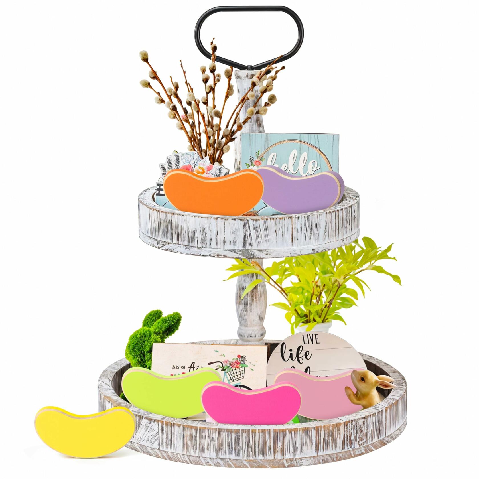 WATINC 6PCS Easter Jelly Beans Tiered Tray Decor Colorful Wooden Sign
