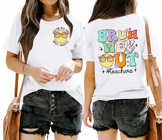 Teacher Shirts Women Last Day of School Bruh Letter Print White Size XL