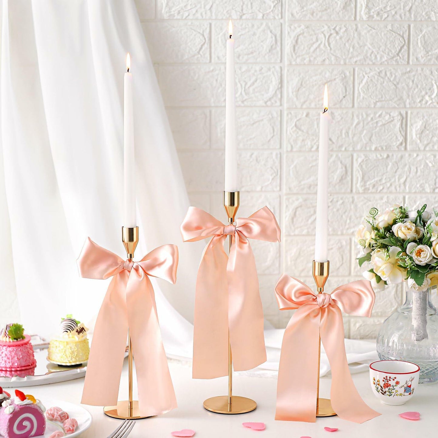 Mumufy 6 Set Gold Metal Taper Candlestick Holders Pink Satin Bow