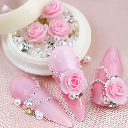 Valentine's Day Pink Flower 3D Nail Art Charms Pearls Rhinestones 1 Box