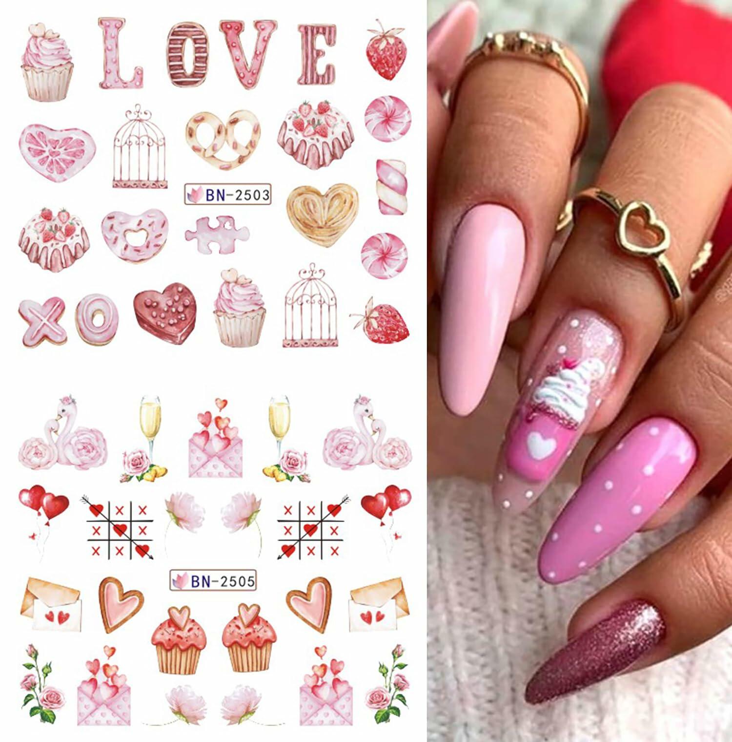 Valentines Day Nail Stickers 12 Sheets Heart Lip Flower Nail Art Pink