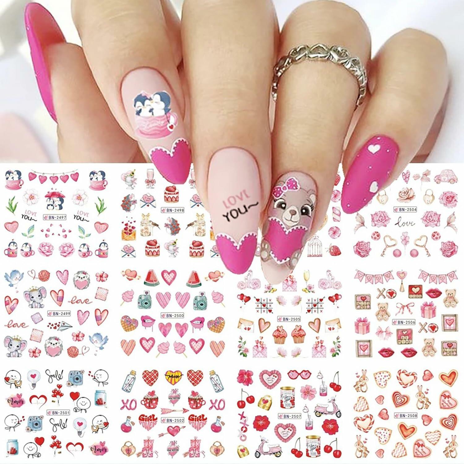 Valentines Day Nail Stickers 12 Sheets Heart Lip Flower Nail Art Pink