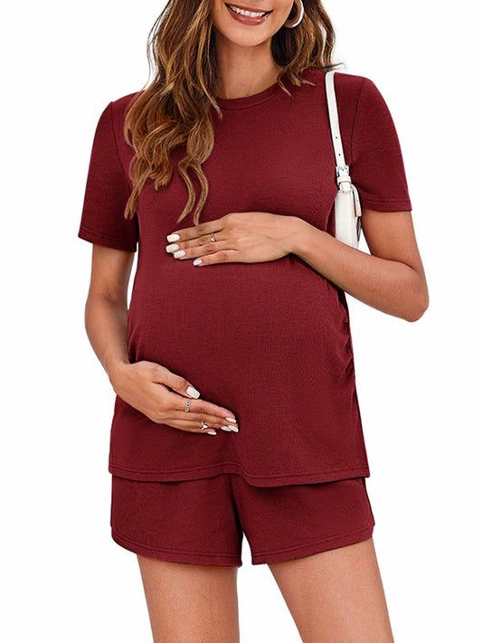 Maternity Two Piece Lounge Set Short Sleeve Top & Shorts Red Wine Size S