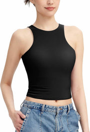 HOCILLE Women's Sexy Racerback Ribbed Crop Tank Top Black Size XS