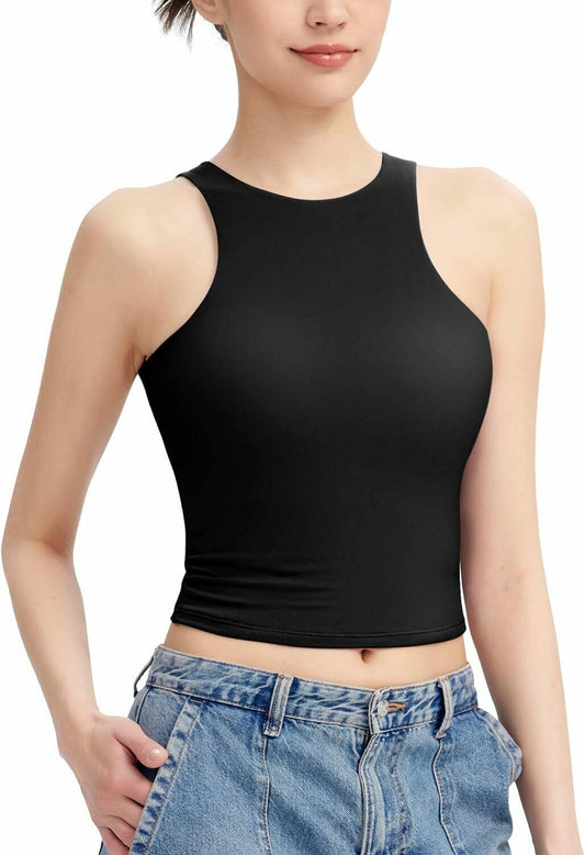 HOCILLE Women's Sexy Racerback Ribbed Crop Tank Top Black Size XS