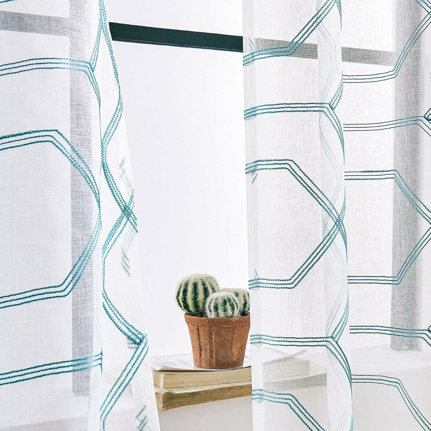 WANSOUL Blue Pattern Sheer Curtains 2 Panels 84in Teal Blue Moroccan Design