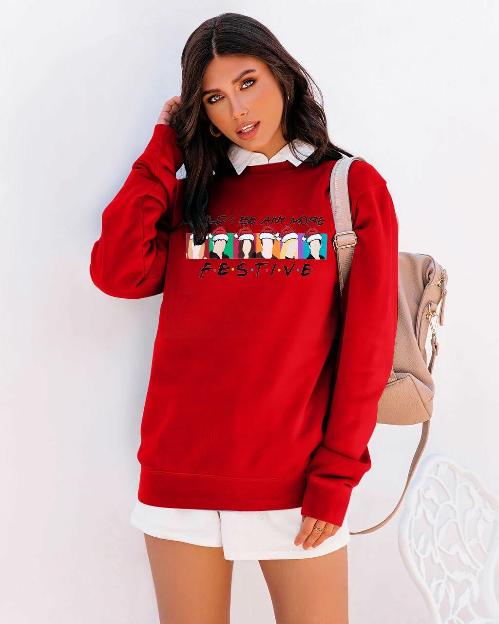 FASHGL Christmas Friends Sweatshirt Women Red Long Sleeve Tee Size L