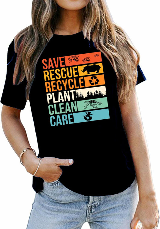 Earth Day Shirts Women Save Planet Bee Graphic Environmental Tee Black Size M
