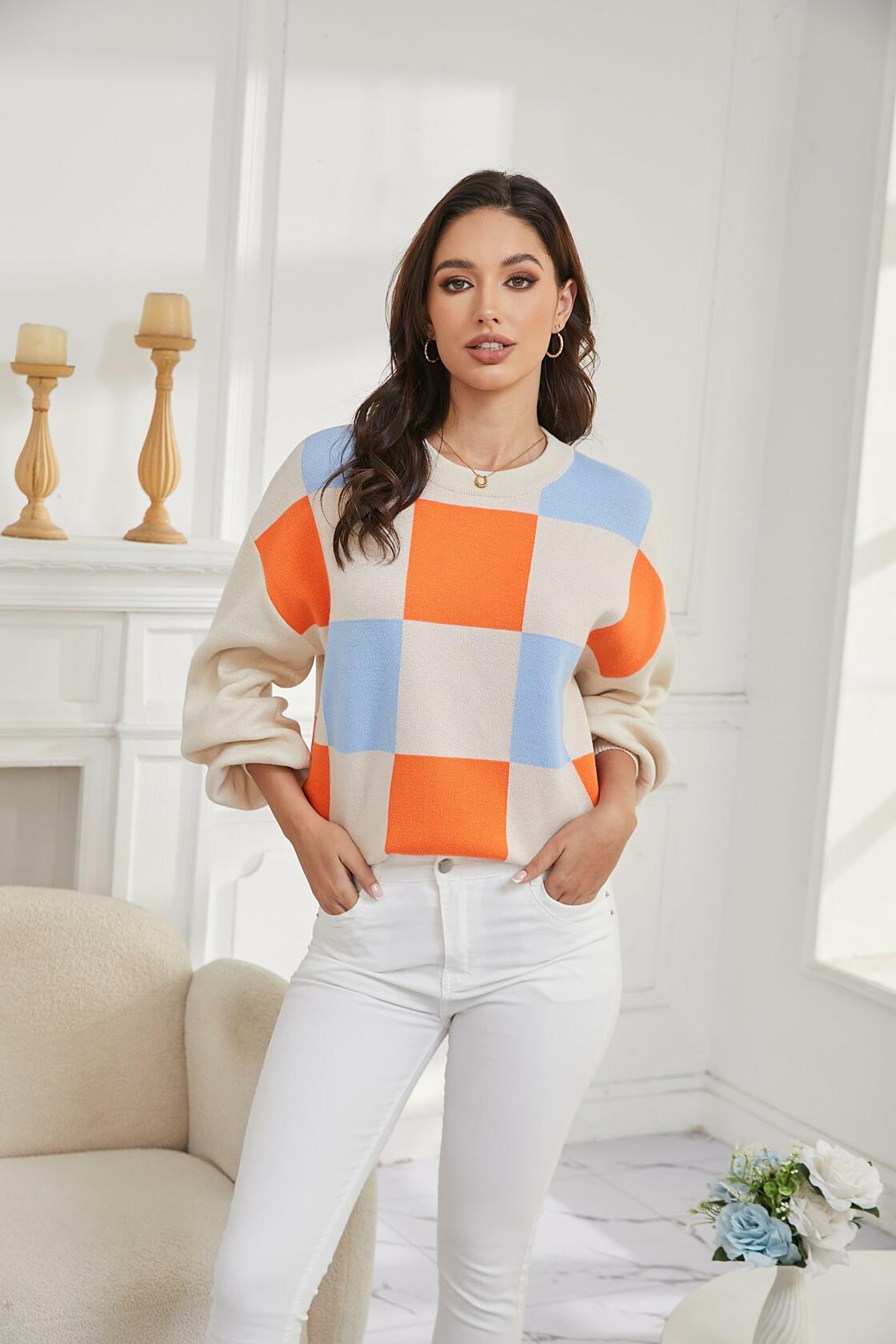 LISILONG Women's Ribbed Knit Sweater Long Sleeve multicolor Pullover Size S