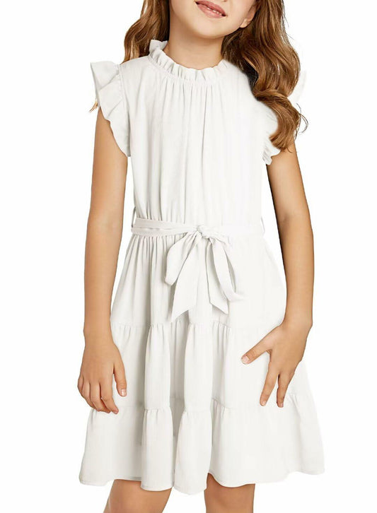 DOKOTOO Girls Ruffle Sleeveless Party Dress with Belt White Size 6-7 Years