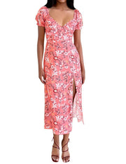 SPRIME Women's Summer Casual V Neck Puff Sleeve Green Flower Midi Dress Size L
