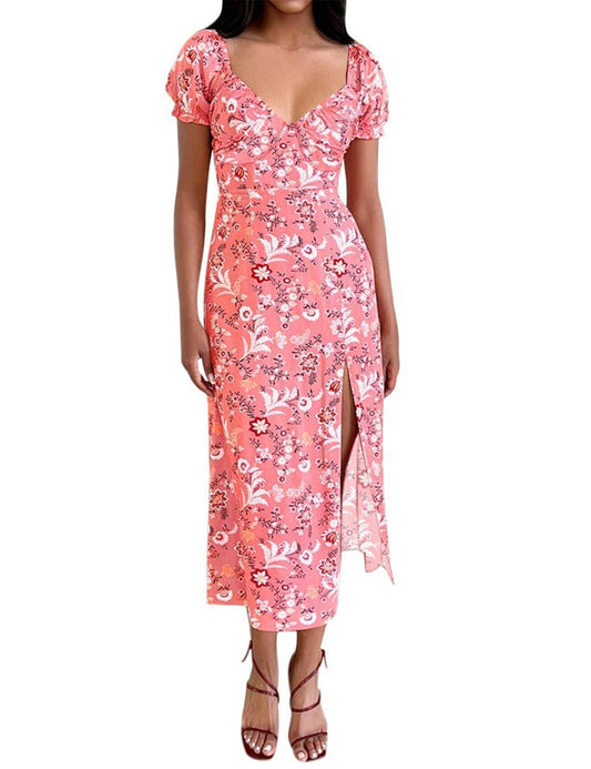 SPRIME Women's Summer Casual V Neck Puff Sleeve Green Flower Midi Dress Size L