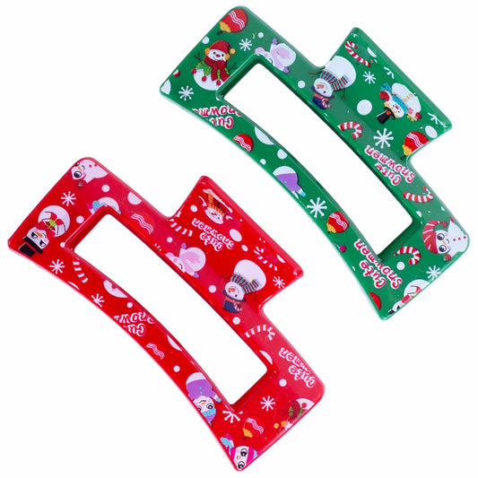 2PCS Christmas Hair Claw Set Snowman Candy Cane Red Green Xmas Clips
