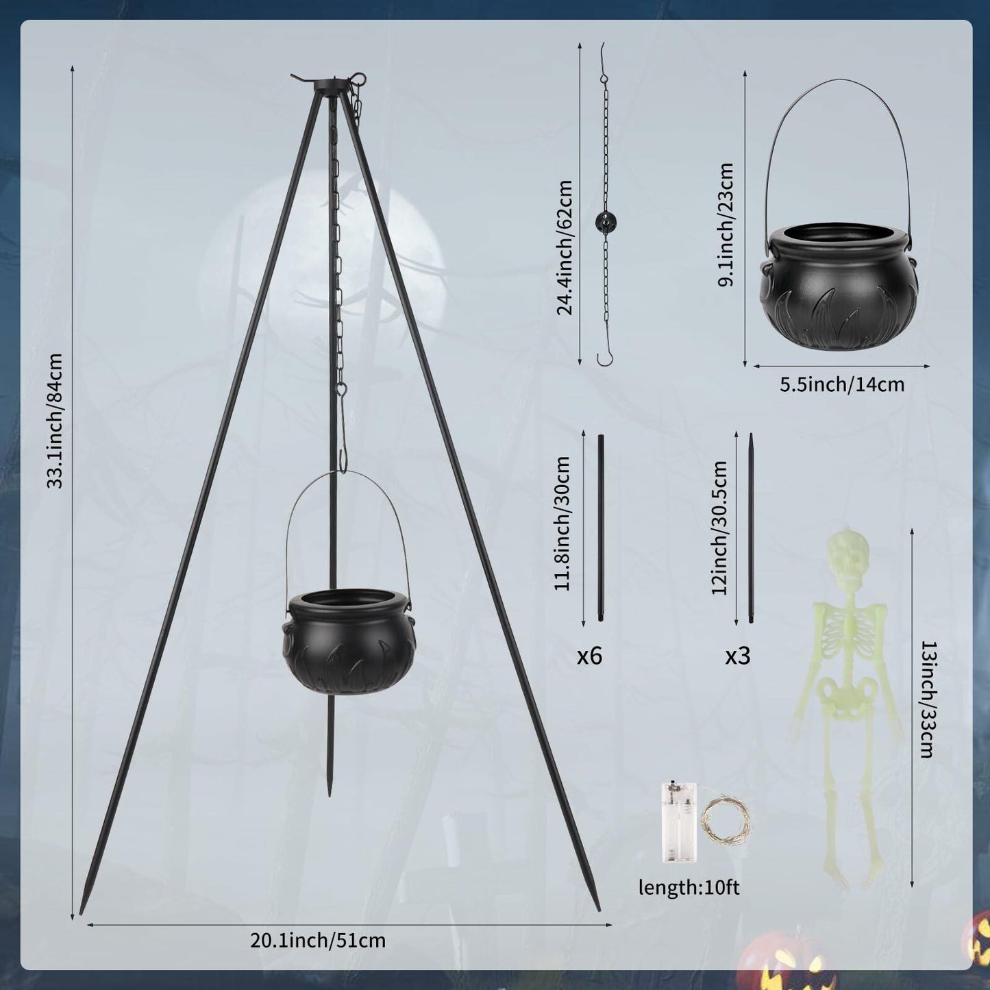 Hxezoc Halloween Witches Cauldron on Tripod with String Lights Black 31in