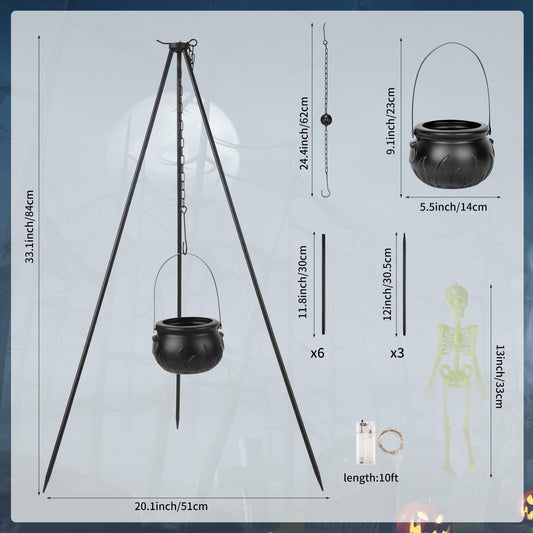 Hxezoc Halloween Witches Cauldron on Tripod with String Lights Black 31in