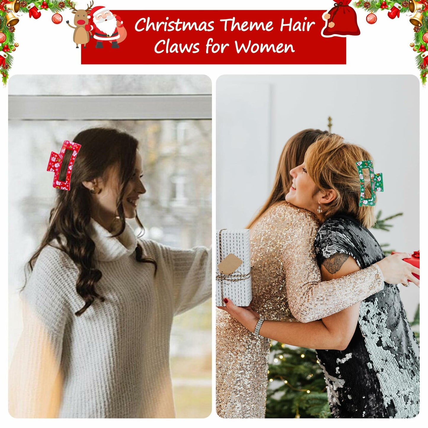 2PCS Christmas Santa Hair Claw Clips for Women Red & Green Hair Accessories