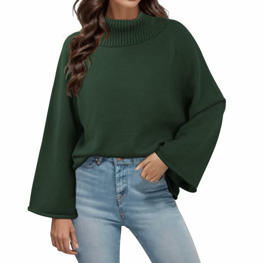 Angashion Womens Turtleneck Pullover Sweater Ribbed Knit Dark Green Size M