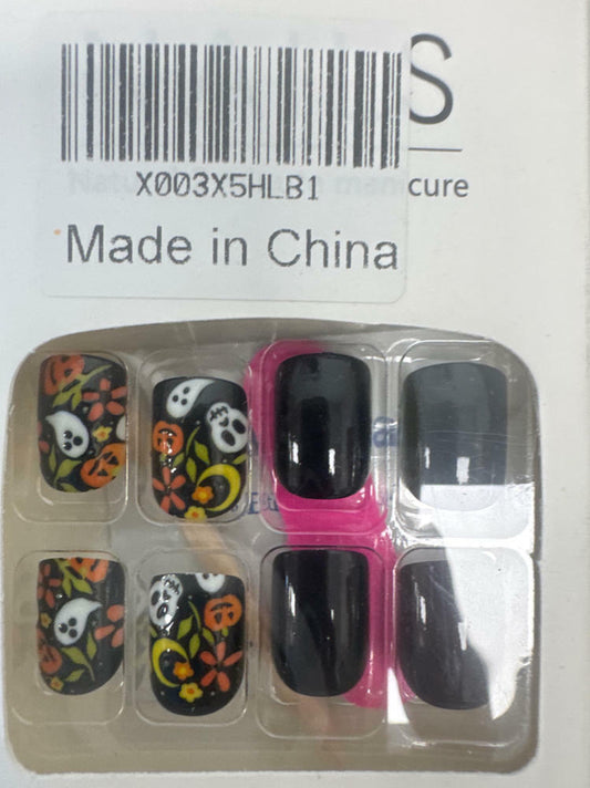24 Pcs Black Short Square Press On Nails Skull Flower Halloween Full Cover