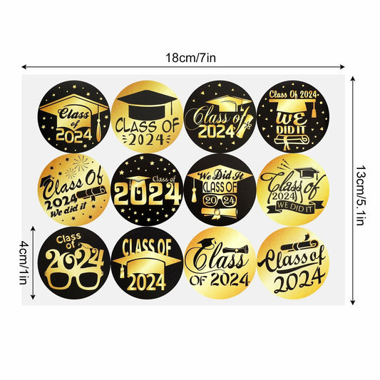 Tongcloud Graduation Stickers 360pcs Black Gold 3.8cm Round Labels Class 2024