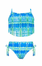 SHEKINI Girls Tie Side Sports Tassel Bikini Set Printed Blue Green Size 10 Years