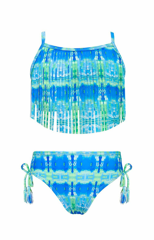 SHEKINI Girls Tie Side Sports Tassel Bikini Set Printed Blue Green Size 10 Years
