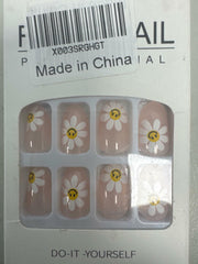 Medium Press On Nails Short Almond Floral Nude Pink Smiling Daisy 24 Pcs