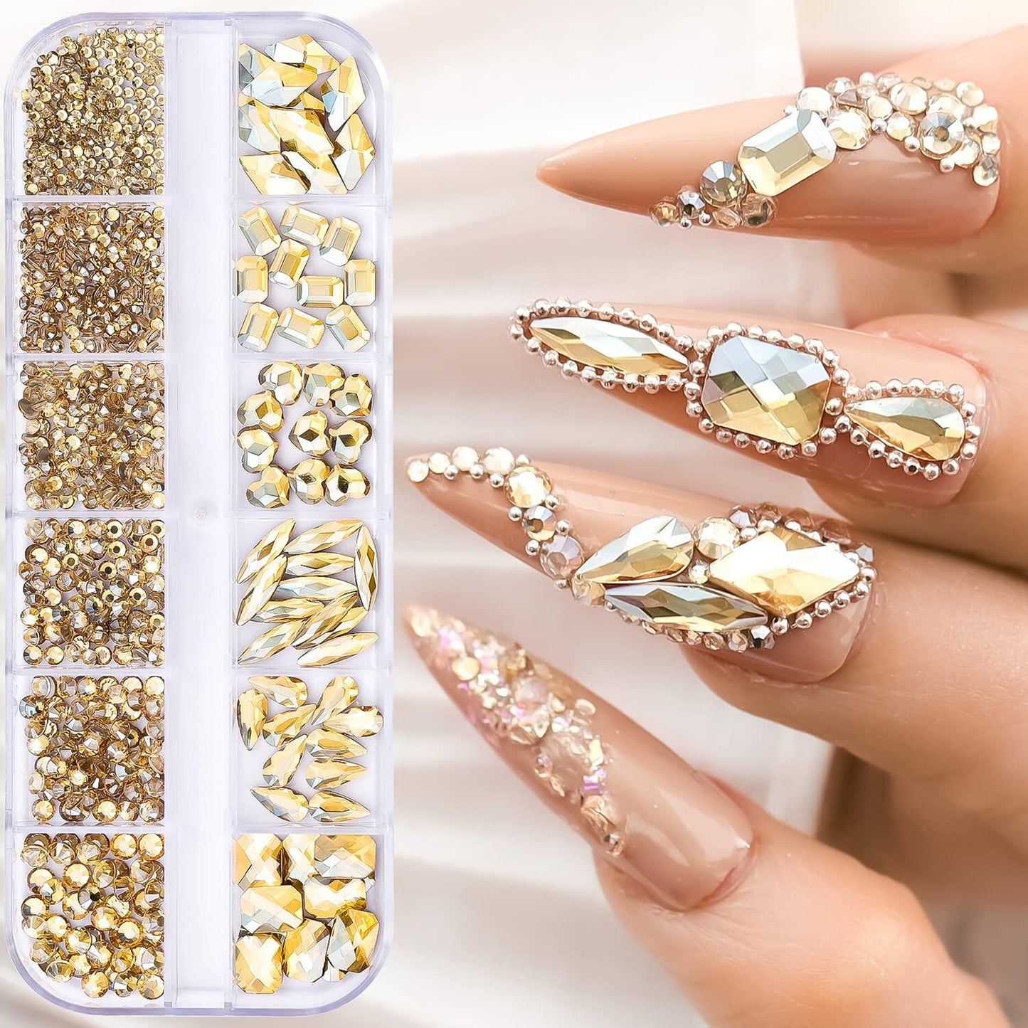 Champagne Gold Nail Art Rhinestones 1130Pcs Flat Bottom 12 Grids DIY Craft