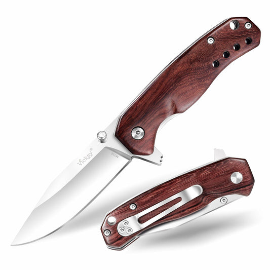 Pocket Knife Folding 2.76" 8Cr13MoV Steel Blade Wood Handle EDC Outdoor