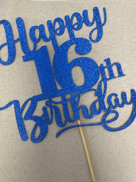 Sleyberoy Happy 16th Birthday Cake Topper Glitter Deep Blue 1 PCS
