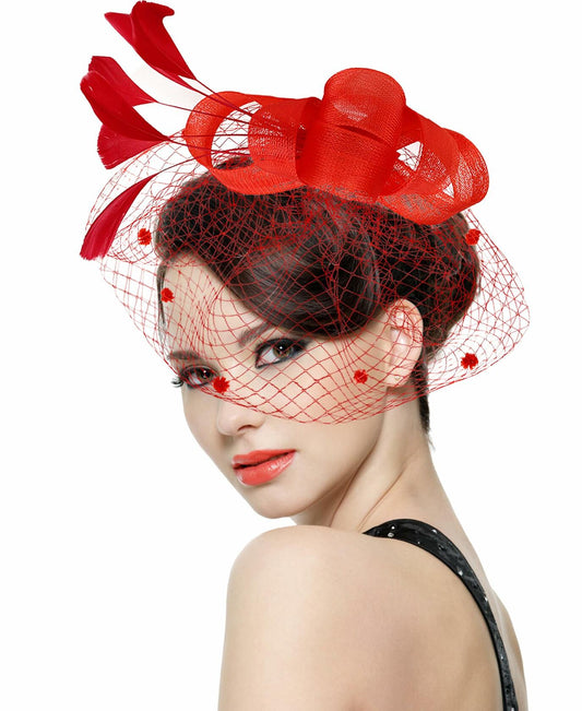 Red Fascinator Hat with Mesh Veil & Feathers – Vintage Tea Party