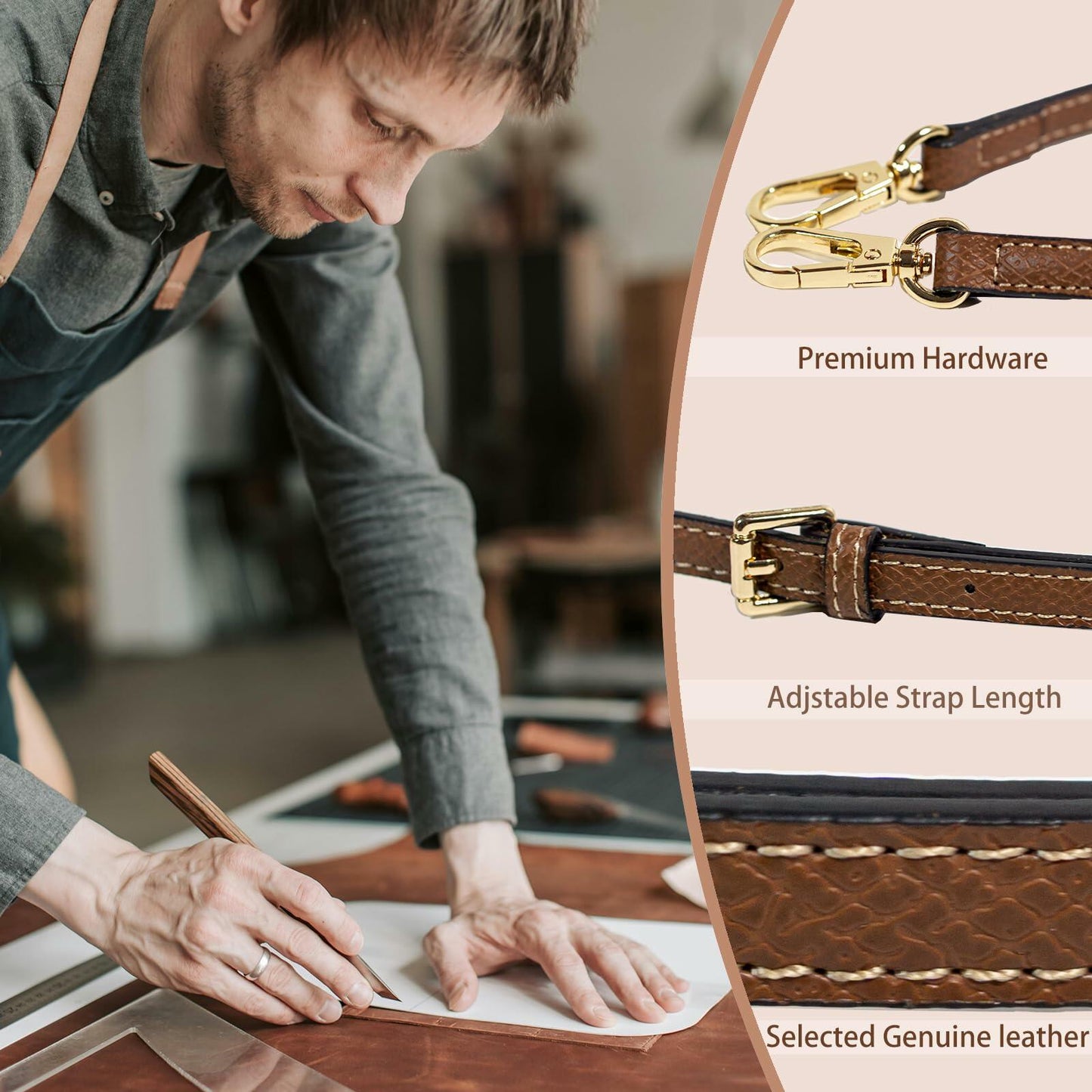 XKE-X Adjustable Leather Handbag Crossbody Strap Brown Gold