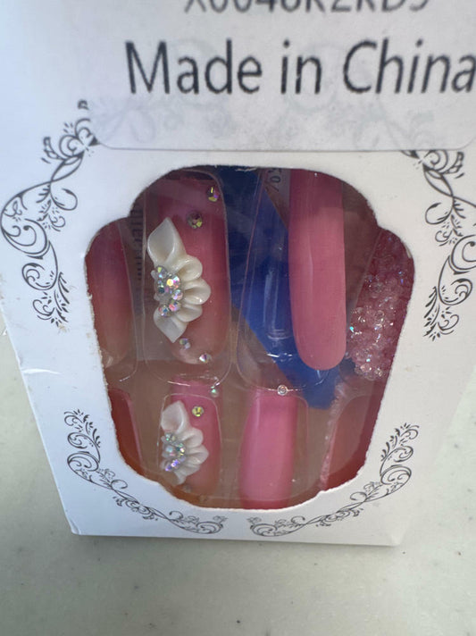 RTKHFZE French Tip Pink Long Square Press On Nails 24pcs Flower Rhinestones