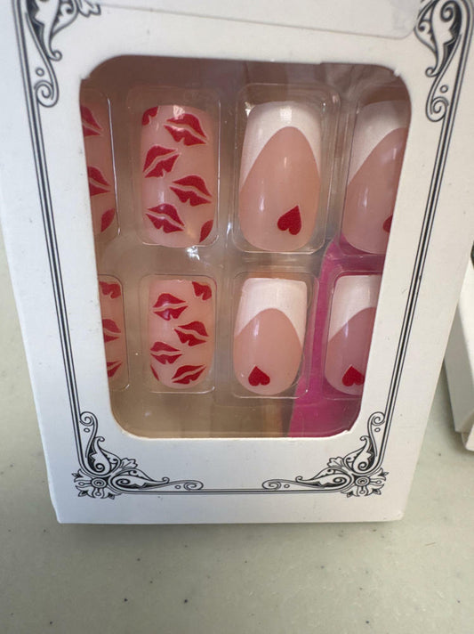 Valentine's Day Press On Nails Medium Square Red Lips Pink Heart French Tip