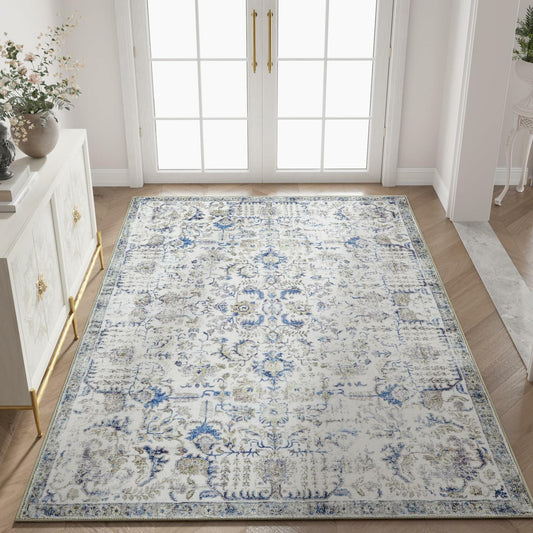 jinchan 5x7 Blue Washable Vintage Floral Area Rug Non-Slip Boho Carpet