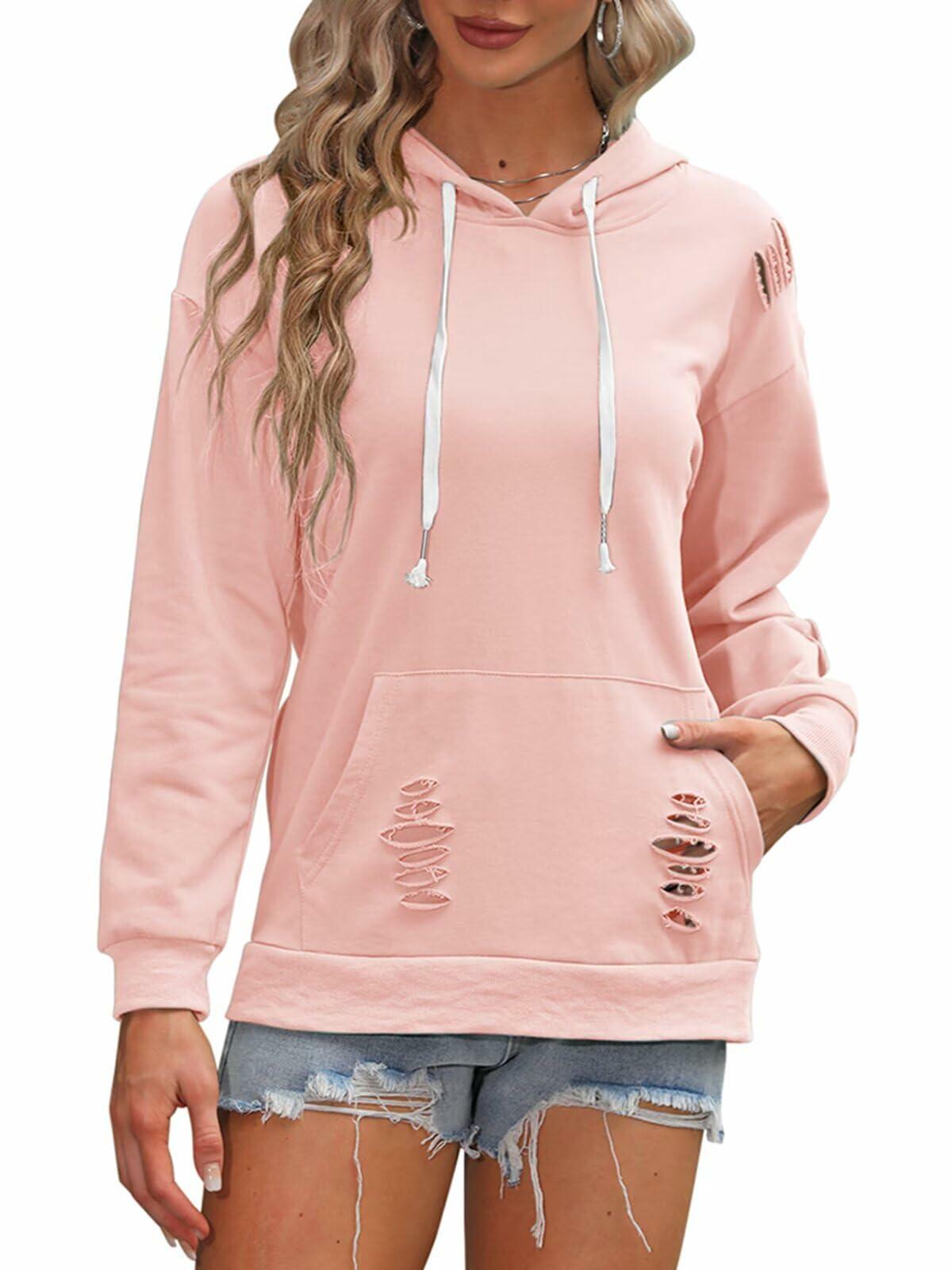 Women Hooded Distressed Sweatshirt Drawstring Kangaroo Pocket Greyblue Size M