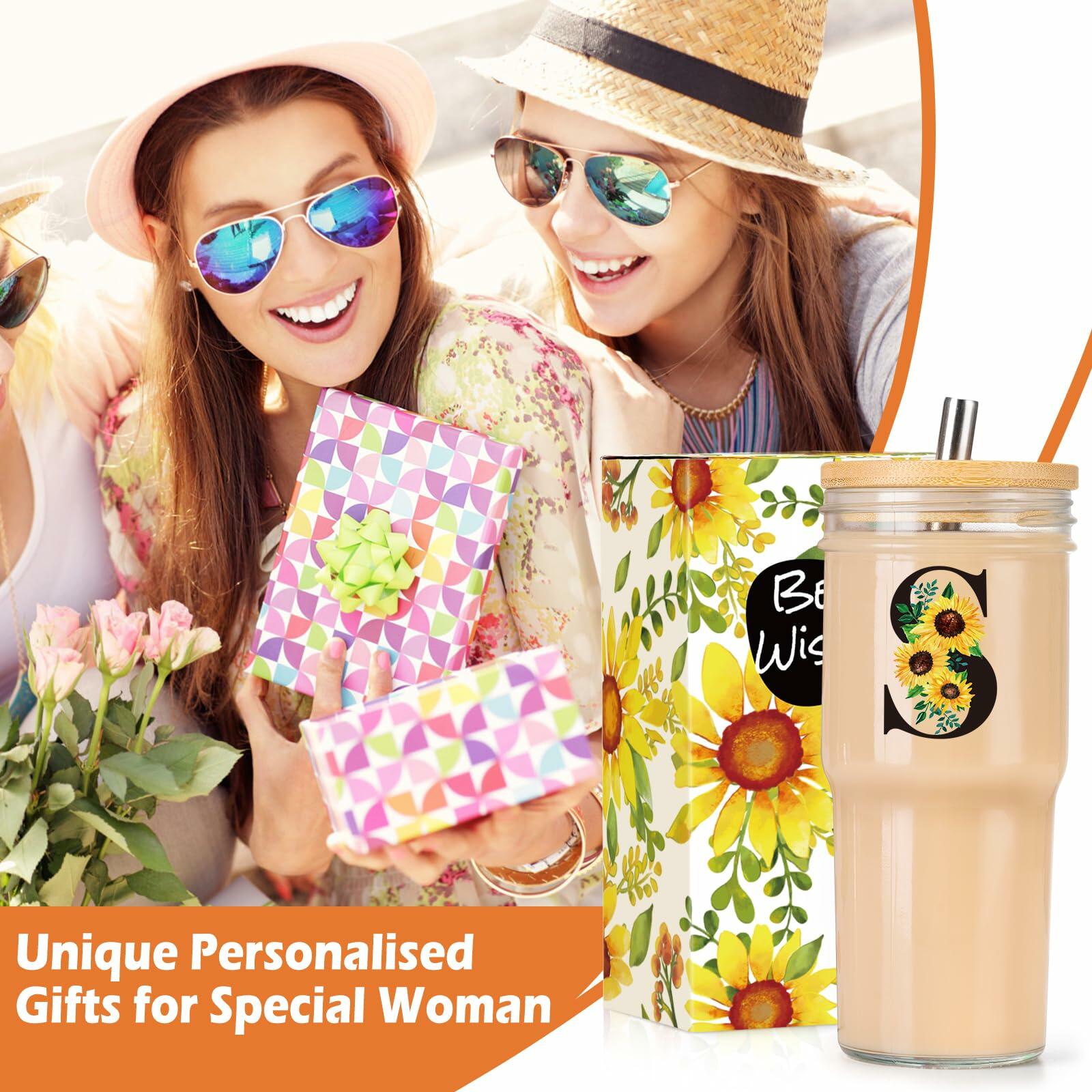 Personalized Initial Glass Cup 24oz Tumbler with Lid Straw J Flowers