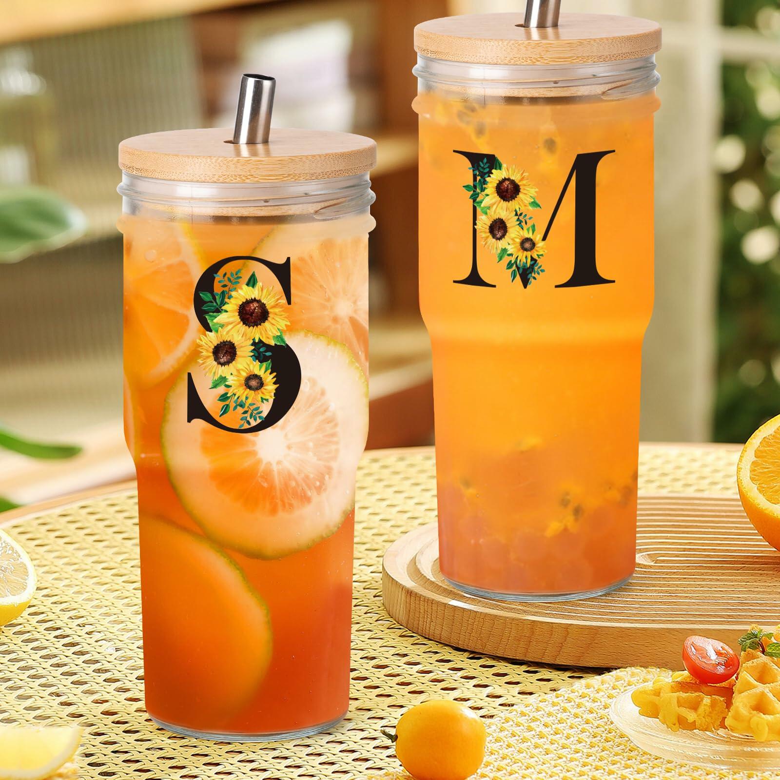 Personalized Initial Glass Cup 24oz Tumbler with Lid Straw J Flowers