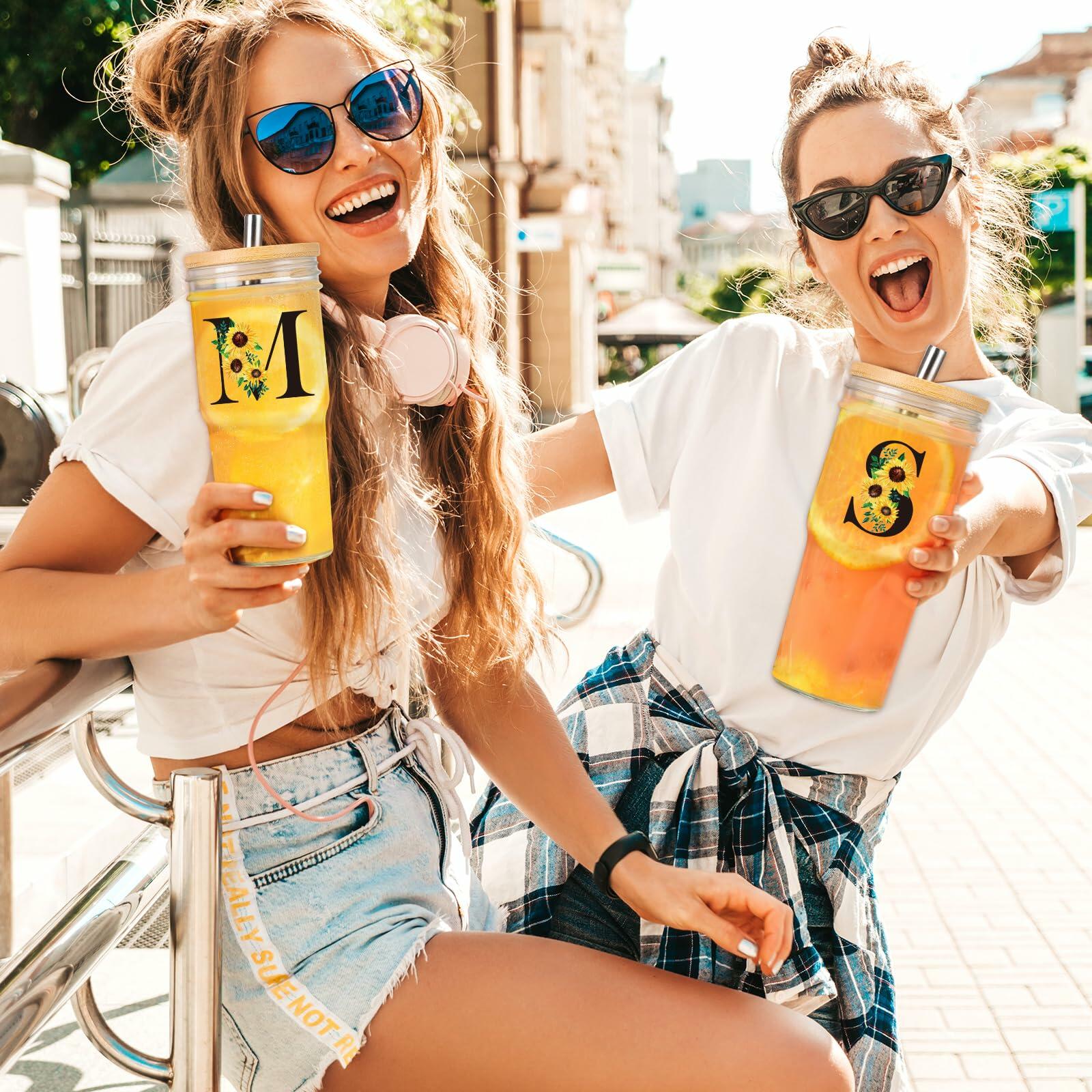 Personalized Initial Glass Cup 24oz Tumbler with Lid Straw J Flowers
