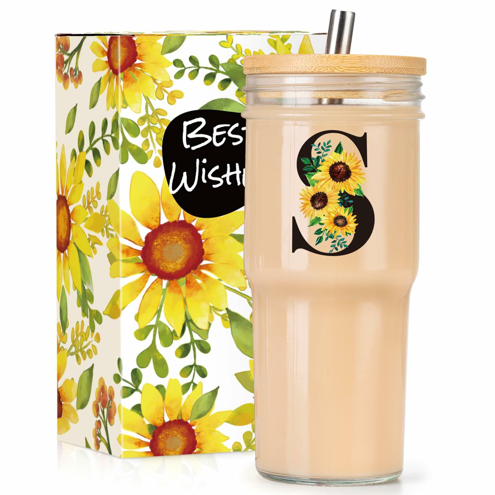 Personalized Initial Glass Cup 24oz Tumbler with Lid Straw J Flowers