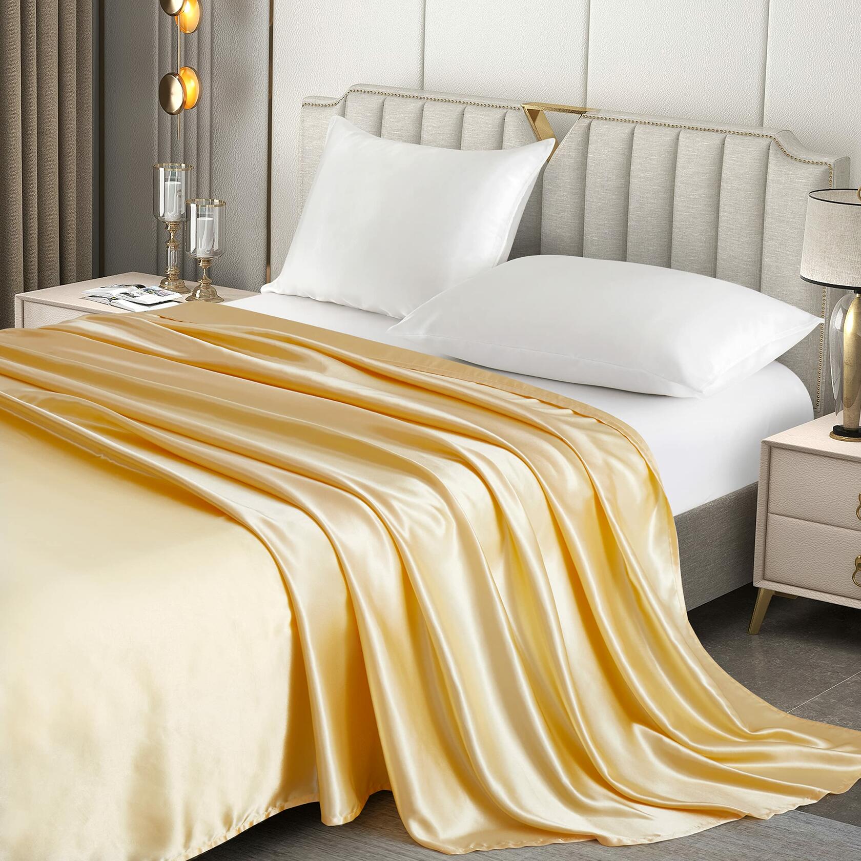 Counfeisly Satin Full Flat Sheet Luxury Silky Soft Bed Top Sheet Gold
