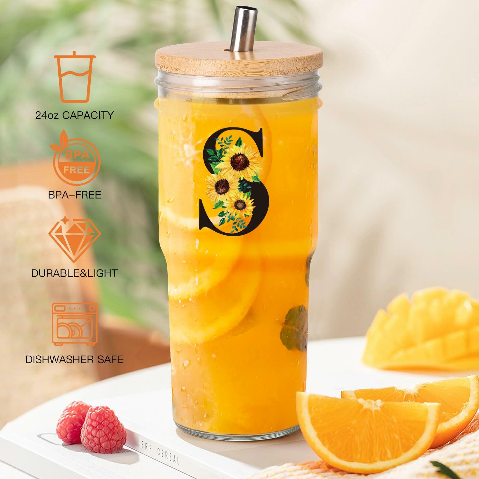 Personalized Initial Glass Cup 24oz Tumbler with Lid Straw J Flowers