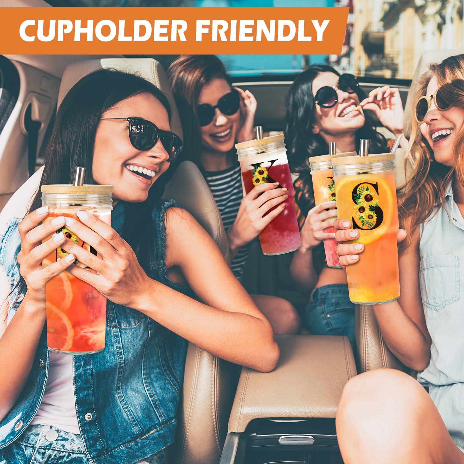 Personalized Initial Glass Cup 24oz Tumbler with Lid Straw J Flowers